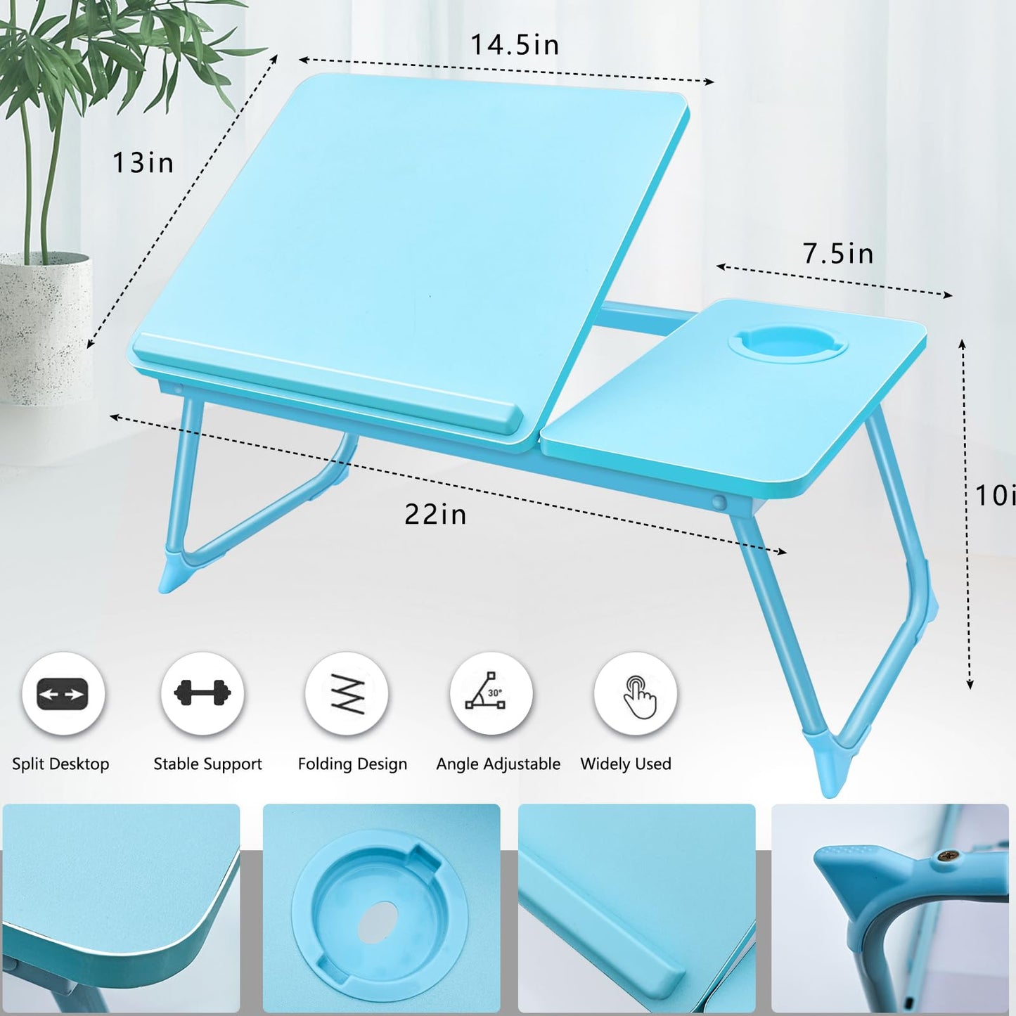 Laptop Desk for Bed Couch,Lap Desk for Laptop,Portable Laptop Stand for Desk,Small Adjustable Laptop Desk,Foldable Bed Table for Laptops and Writing, Bed Tray Table with Cup Holder(Blue)