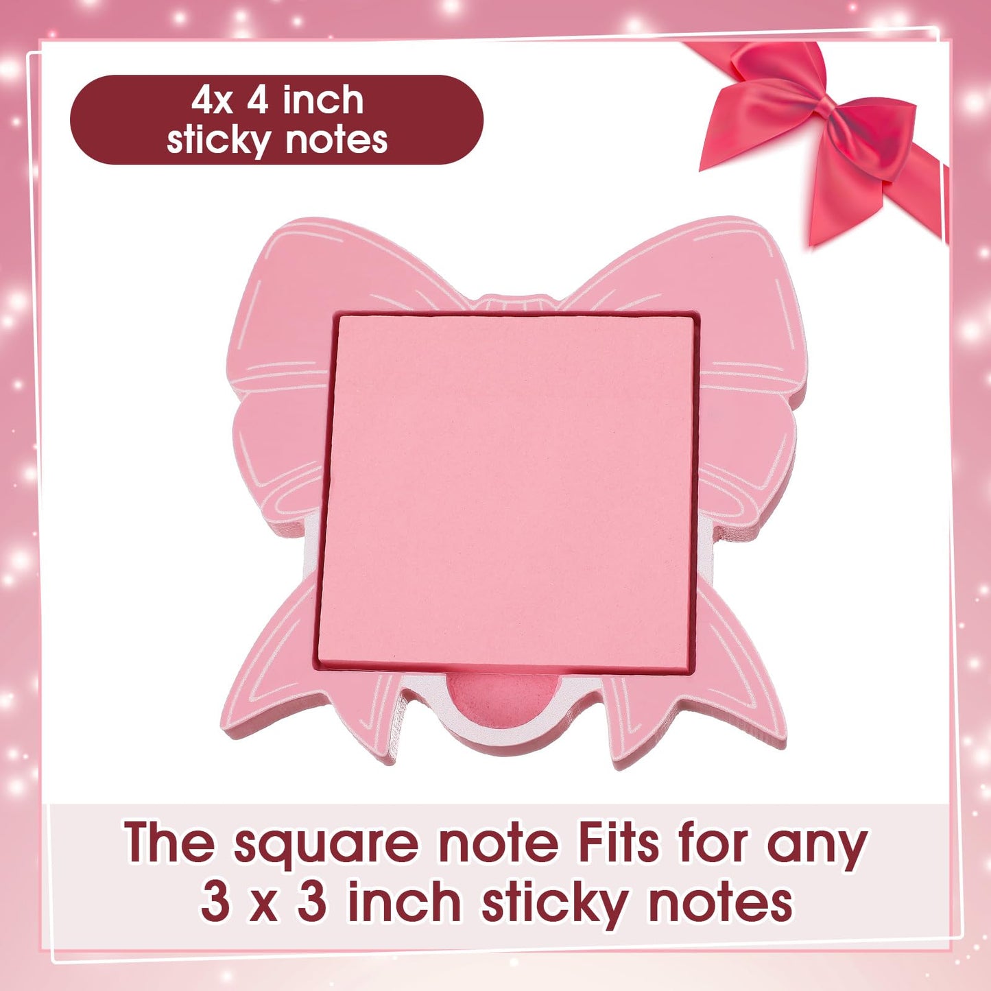 BrightRow Pink Bow Sticky Note Holder Large Wood Notepad Dispenser 3 x 3 Sticky Notes Organizer Cute Self Stick Memo Pad Holder for Desk Office Back to School Gift, No Pads Included