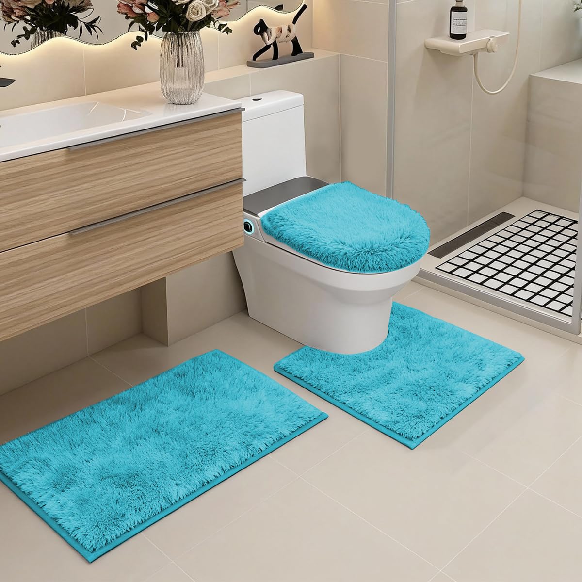 RUN HELIX Shaggy Bathroom Rugs Sets 3Piece Bath Mat for Bathrom Non-Slip Bathrom Mats Water Absorbent Bath Rug Floor Mats Soft Washable Shower Rug with U-Shaped Contour Rug Toilet Lid Cover Teal