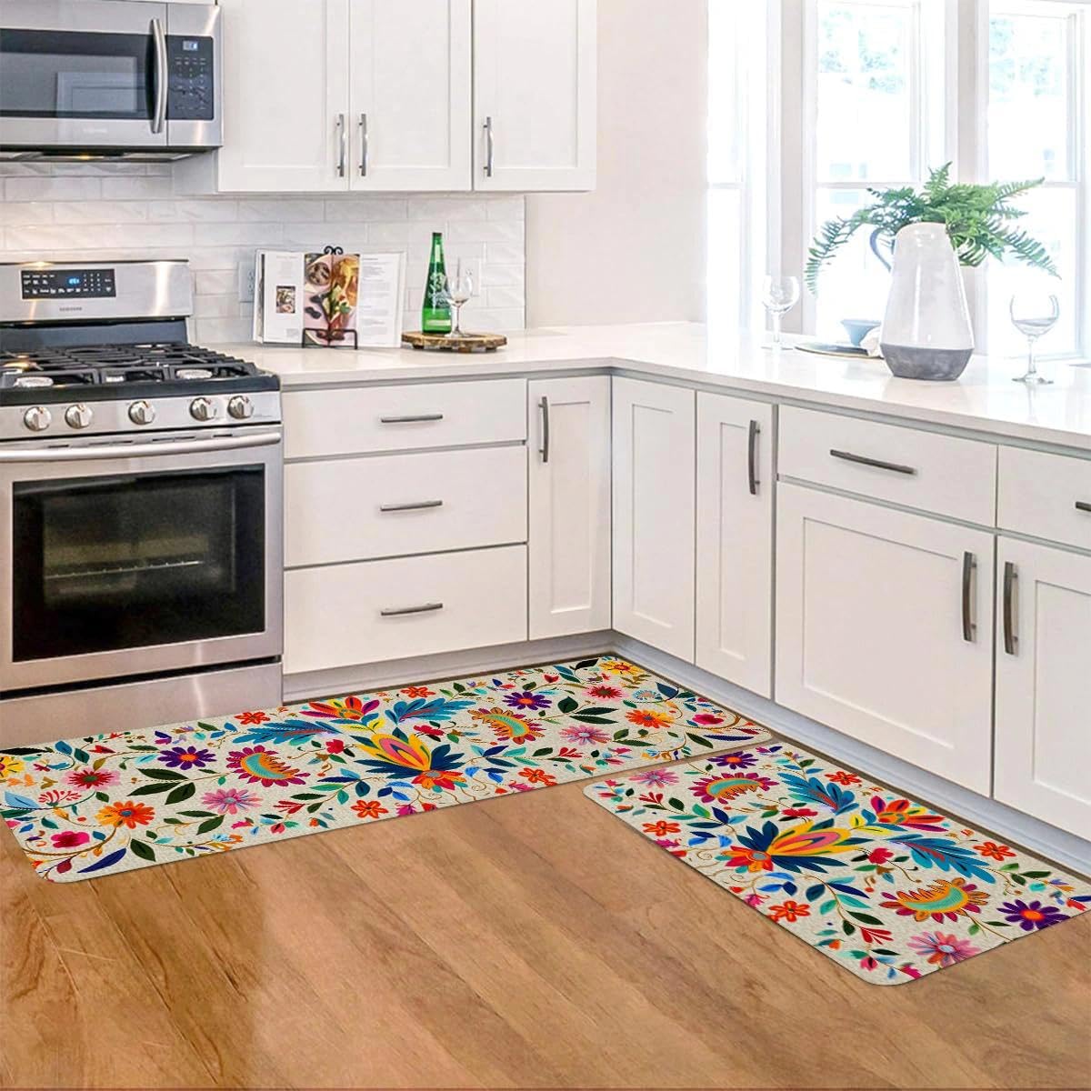 YWZDS Mexican Floral Kitchen Rugs Set of 2, Colorful Kitchen Mats with Rubber Backing Non Slip Washable, Cinco De Mayo Gift, 17" x 29 + 17" x 47" (White)