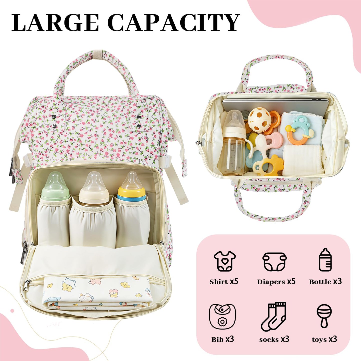 rain bunny Diaper Bag Backpack, Baby Diaper Backpack for Mom, Large Capacity Travel Nappy Bag for Boys Girls with Stroller Straps (Pink)