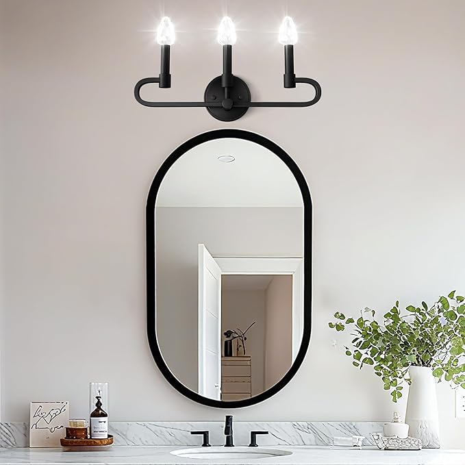Farmhouse and Modern Bathroom Lighting Fixtures Over Mirror, 3 Light Matte Black Bathroom Vanity Lights, Crystal Bathrooms Wall Sconces(Includes Bulb)
