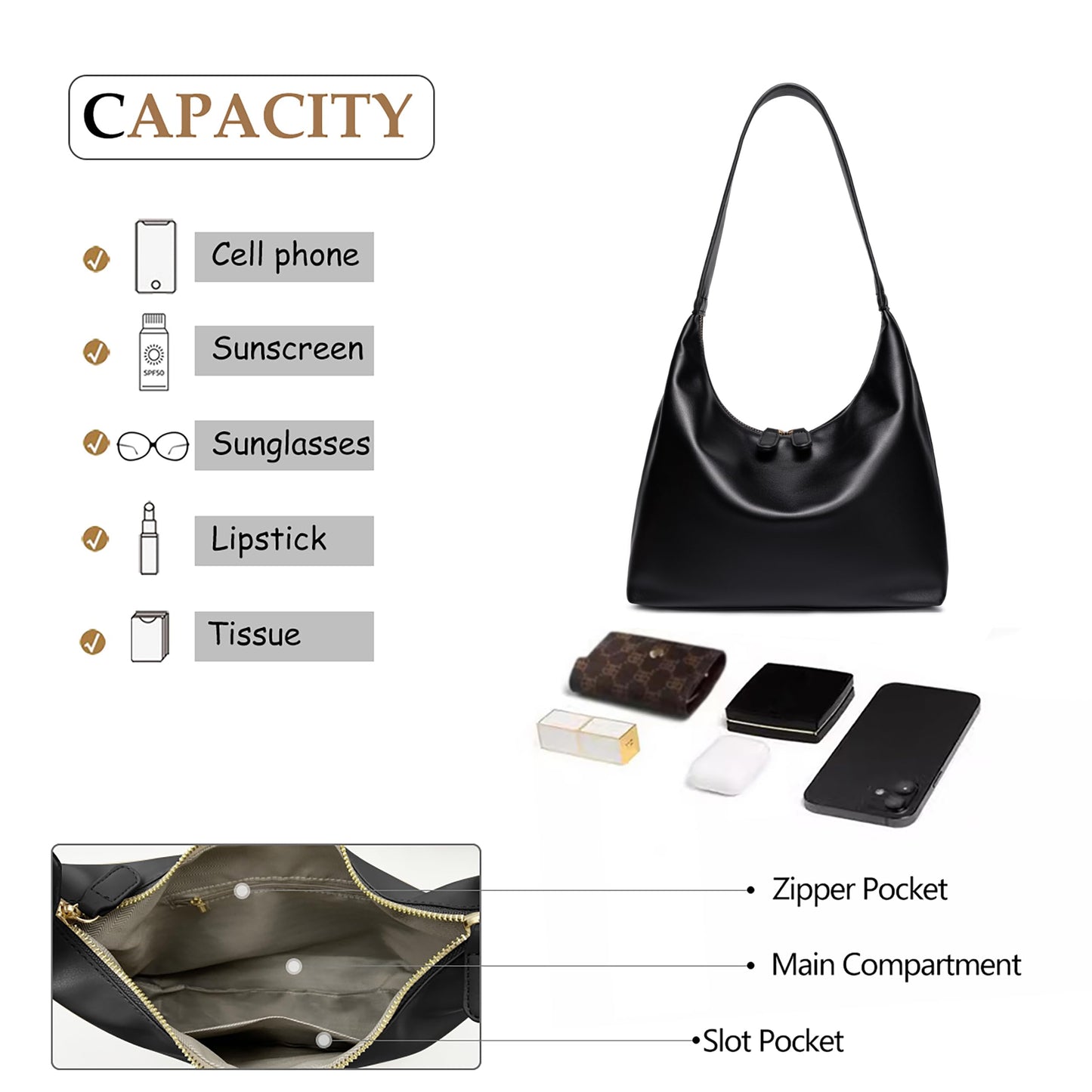 Small Shoulder Bag for Women Cute Hobo Purses Trendy Leather Tote Handbags Classic Black Underarm Purse with Double Zipper