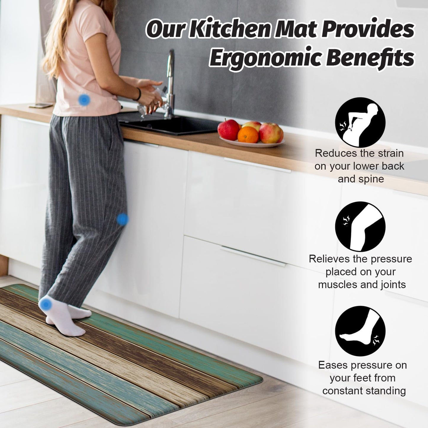 MAYHMYO Kitchen Rugs and Mats Set of 2 Teal Farmhouse Anti Fatigue Mat PVC Non Slip Retro Rustic Wood Texture Kitchen Mats for Floor,17.3 x 29 x 0.4 inch + 17.3 x 47 x 0.4 inch