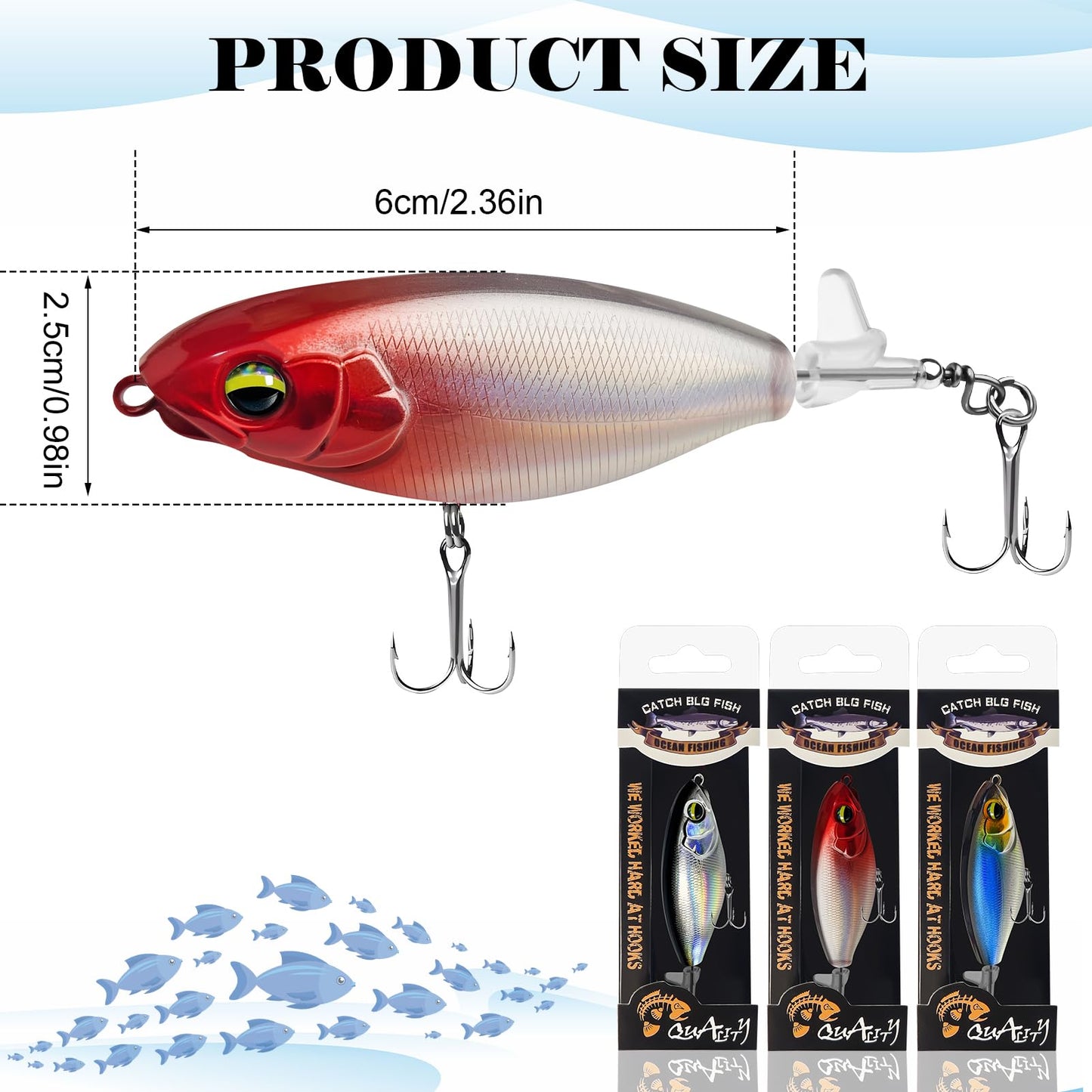WWFIOO 3-Pack Propeller Tail Topwater Fishing Lures – Floating Popper Crankbait with 3D Eyes, UV Coating, Sound & Splash for Bass Trout Saltwater Freshwater Fishing (B)