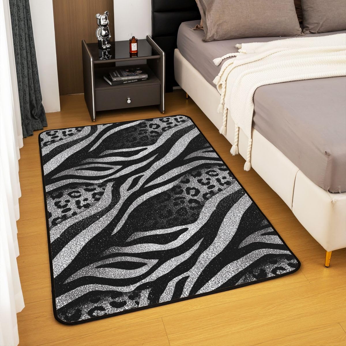 Leopard Print Large Area Rug 5x7 Cheetah Skin Living Room Rug | Zebra Pattern Silver Glitter Rugs for Bedroom, Patchwork African Safari Pattern Low Pile Carpet Indoor Floor Mat