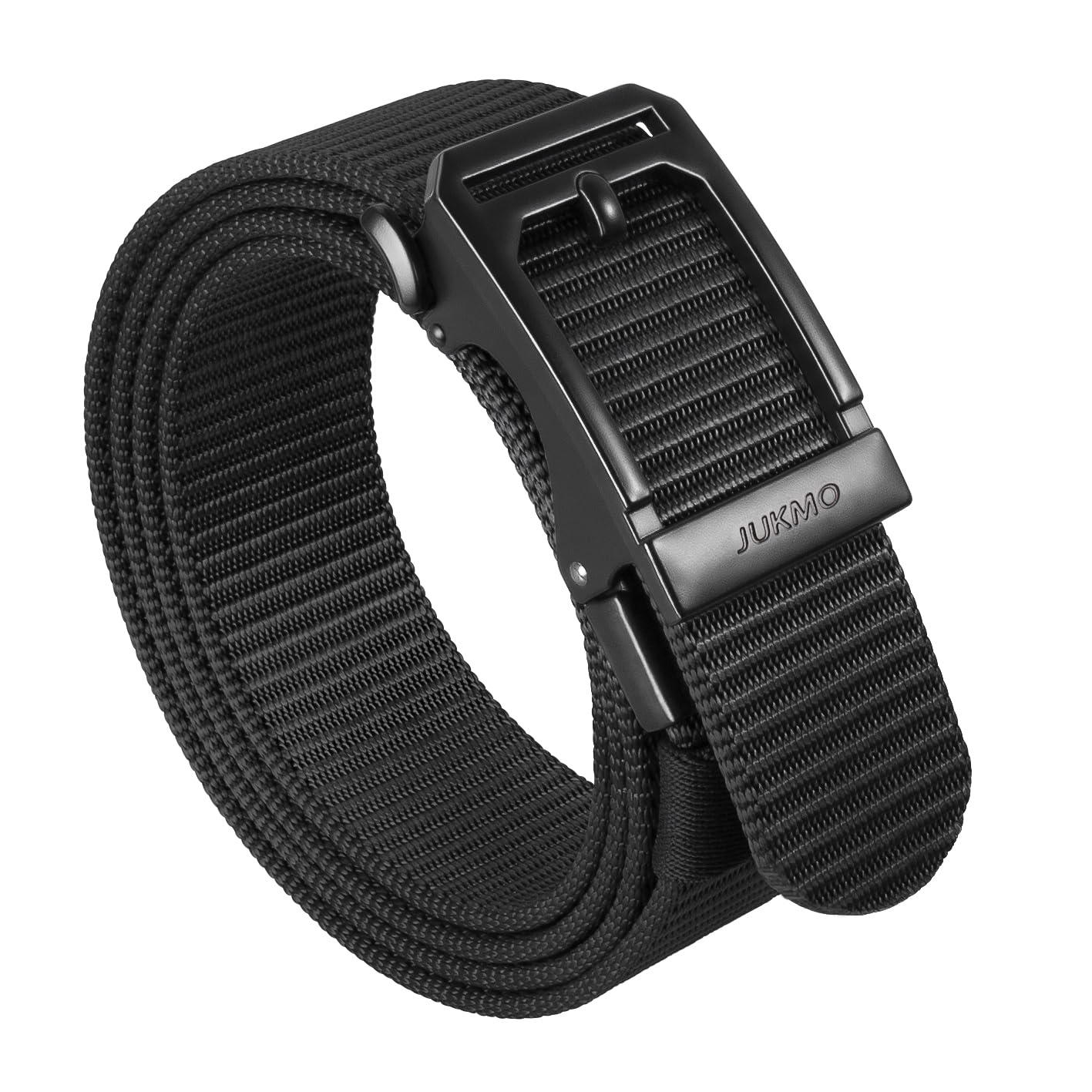 JUKMO Men's Ratchet Tactical Belt, 1.5" Nylon Web Work Belt with Automatic Slide Buckle, Adjustable Trim to Fit (Black, Medium)