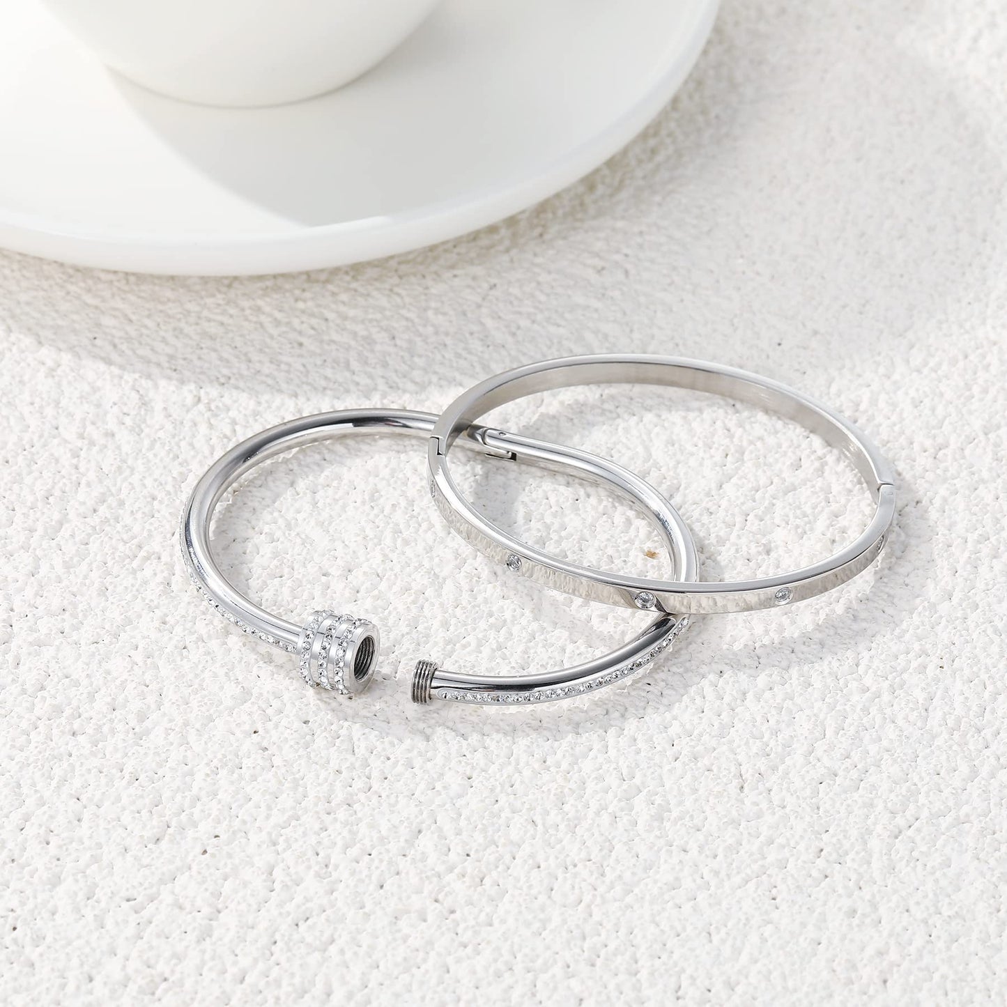 MAOCEN Women's Stainless Steel Bracelet Gold Plated Cuff Bangle With Cube Zircon Hinge Jewelry oval Bangle Witness the Gift of Love (4mm Silver 2pcs-A)