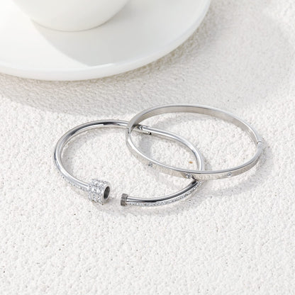 MAOCEN Women's Stainless Steel Bracelet Gold Plated Cuff Bangle With Cube Zircon Hinge Jewelry oval Bangle Witness the Gift of Love (4mm Silver 2pcs-A)