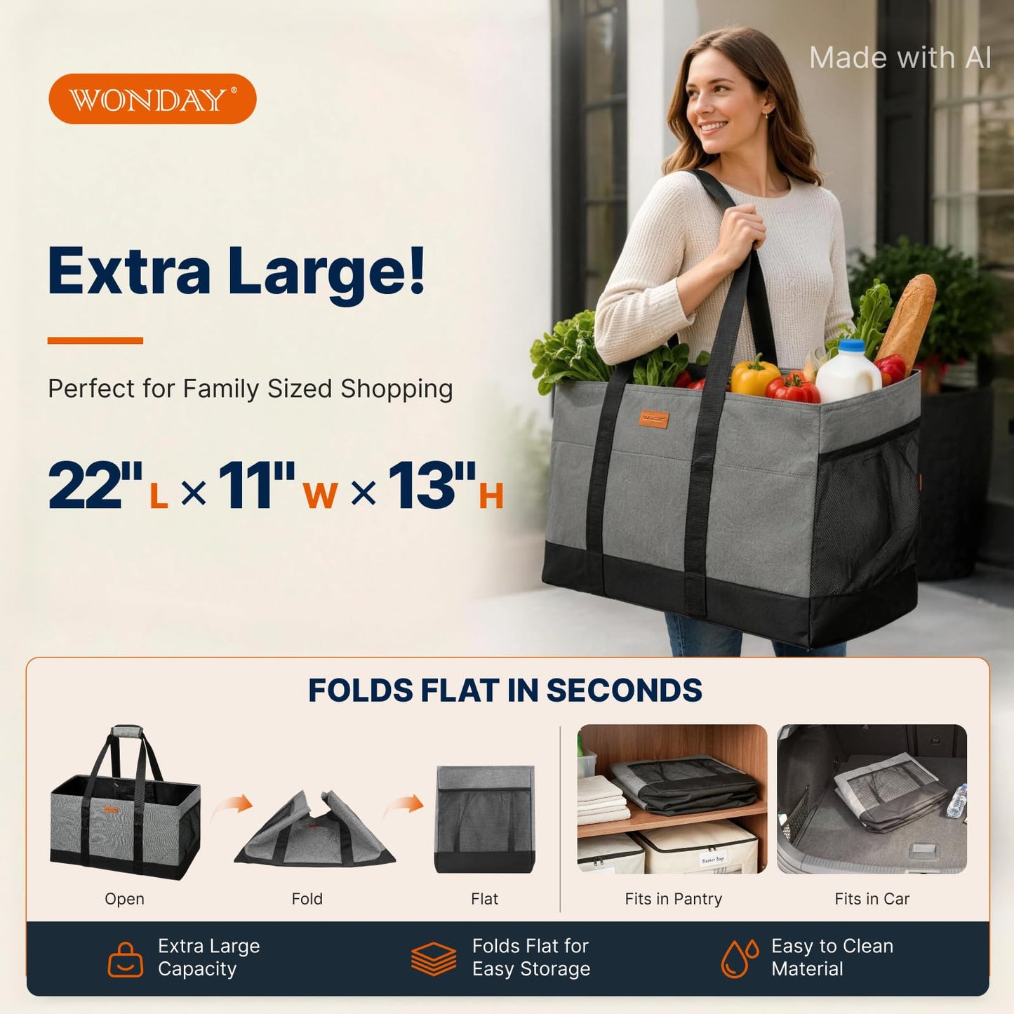 WONDAY Extra Large Foldable Grocery Tote Bag With Handles for Storage, Picnics, Beach, Pool, Laundry - Reusable Shopping Bag (Grey)