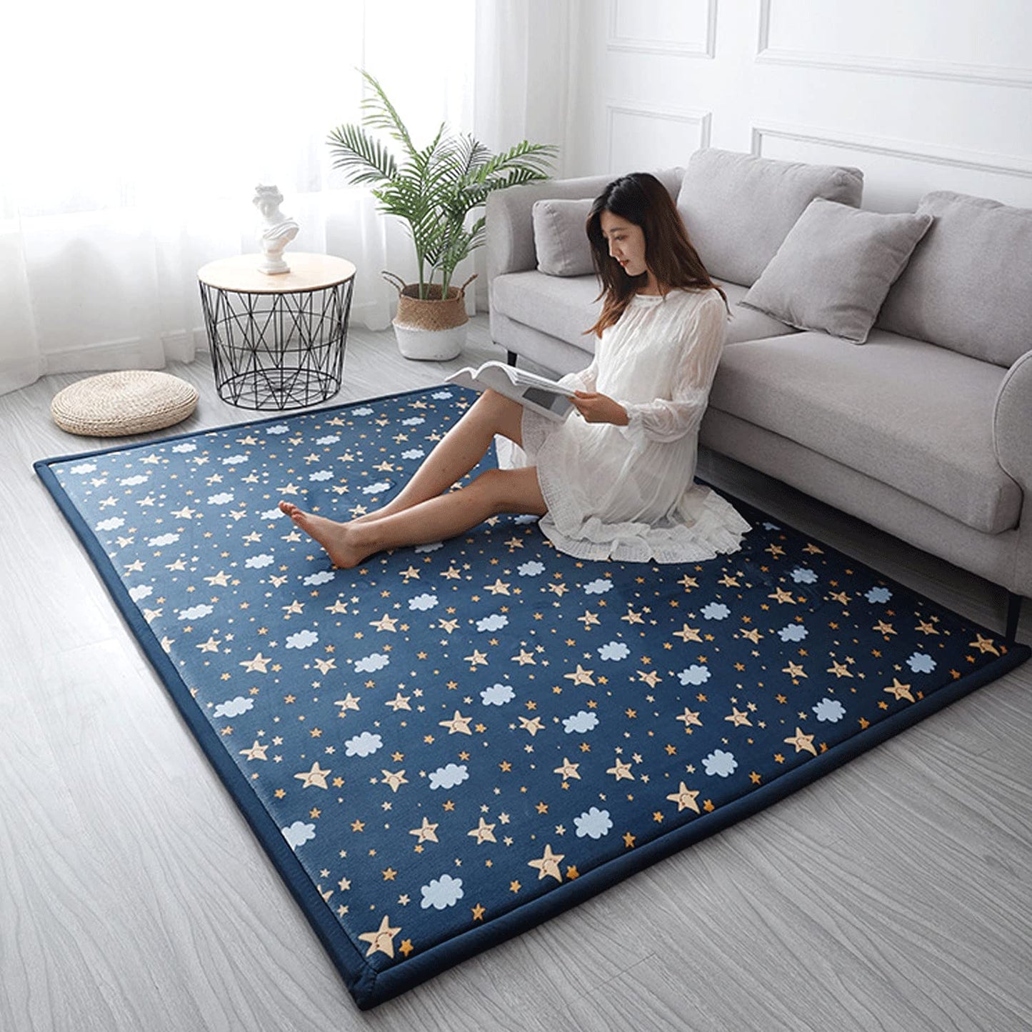 Loartee Coral Velvet Area Rug - 1" Thick Memory Foam Play Mat, Washable Carpet, Home Decor for Living Room, Bedroom, Starry Blue, 4'11"x4'11"