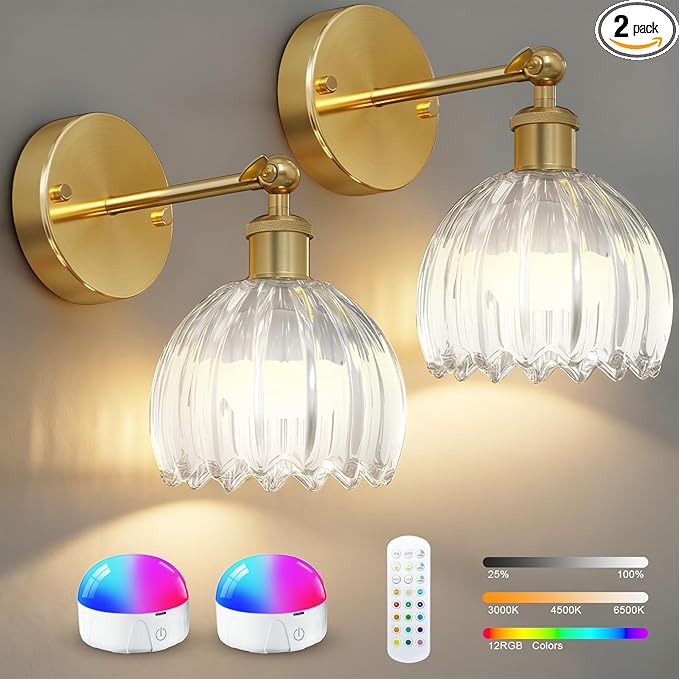 Vintage Battery Operated Wall Sconces Set of Two, with Grey Tulip Glass Lampshade, Wireless Rechargeable Battery Powered Wall Light for Bedroom Living Room Bathroom Hallway Home Decor