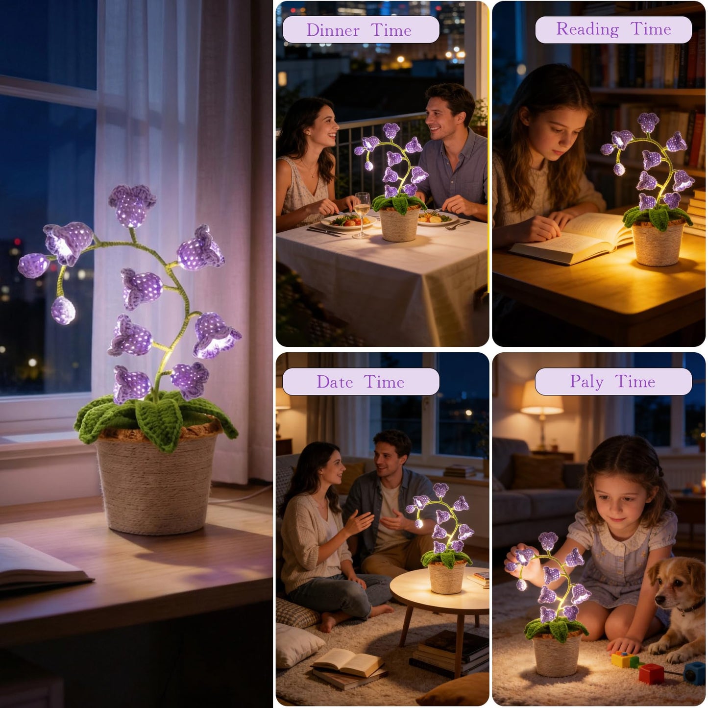 AVEKI Lily of Valley Lamp, Handmade Crochet Artificial Flower Lamp with Warm Light, Cute Desk Lamp for Bedroom, Battery Power Decor LED Night Light, Gift for Mom Daughter Girlfriend (Warm) (Purple)