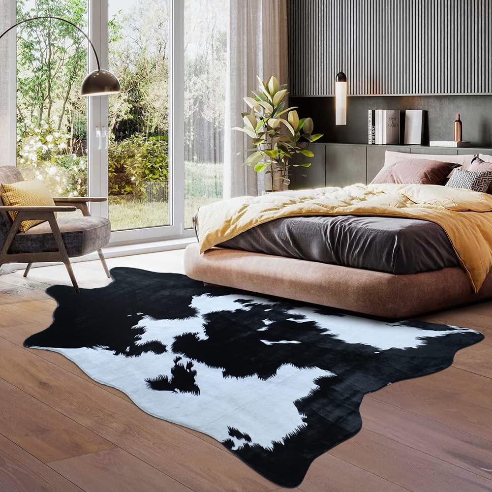 Rugoo Black Faux Cowhide 8.3 ft x 6.2 ft Cow Print Faux Animal Skin Faux Fur Rug for Living Room, Bedroom, Nursery