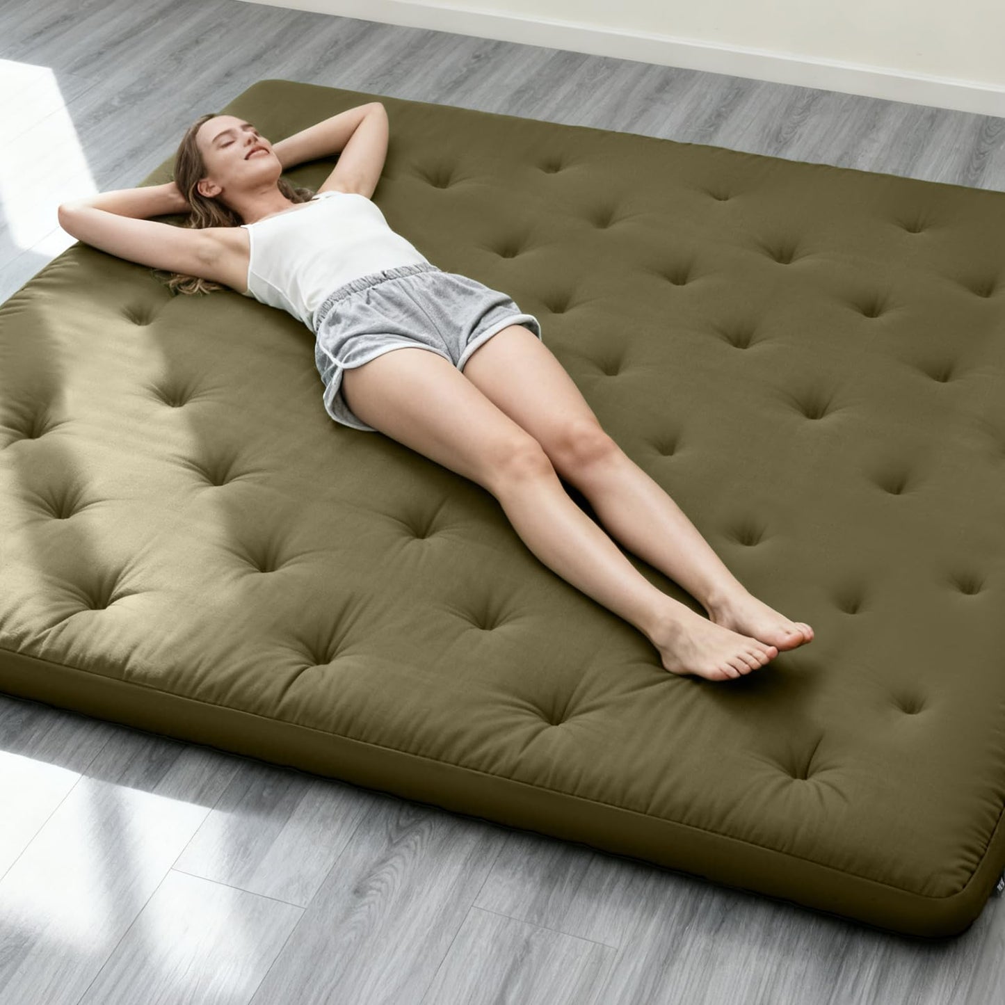 ZonLi Japanese Floor Futon Mattress Queen Size 80"x 60", 100% Cotton Cover 4'' Thicken Tatami Mattress, Foldable Sleeping Pad, Portable Dormitory Tatami Mat, Roll Up Floor Lounger Bed for Adult