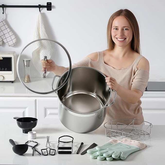 Stainless Steel Canning Pot with Rack and Lid, Large Water Bath Canner, Full Home Canning Supplies Starter Kit (20.5 Quarts, Black)