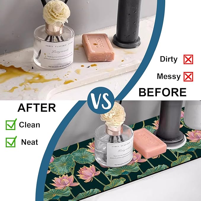 Lotus Pond Pattern Kitchen Sink Splash Guard Faucet Mat Lotus Flowers Leaves