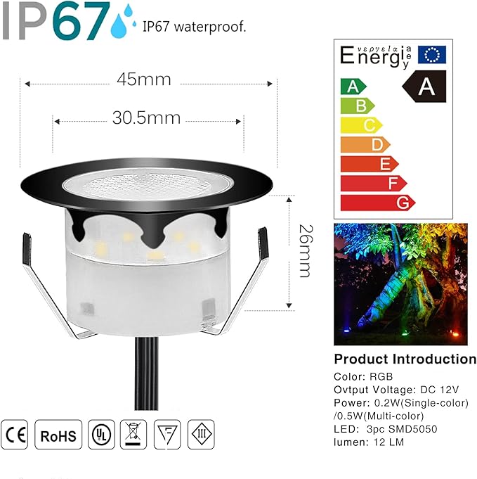 20pcs Low Voltage LED Deck Lights Kits Multi-Color RGB Stainless Steel Waterproof Outdoor Yard Garden Recessed Wood Decoration Lamps Landscape Pathway Patio Step Stairs Black Border(20Pack)