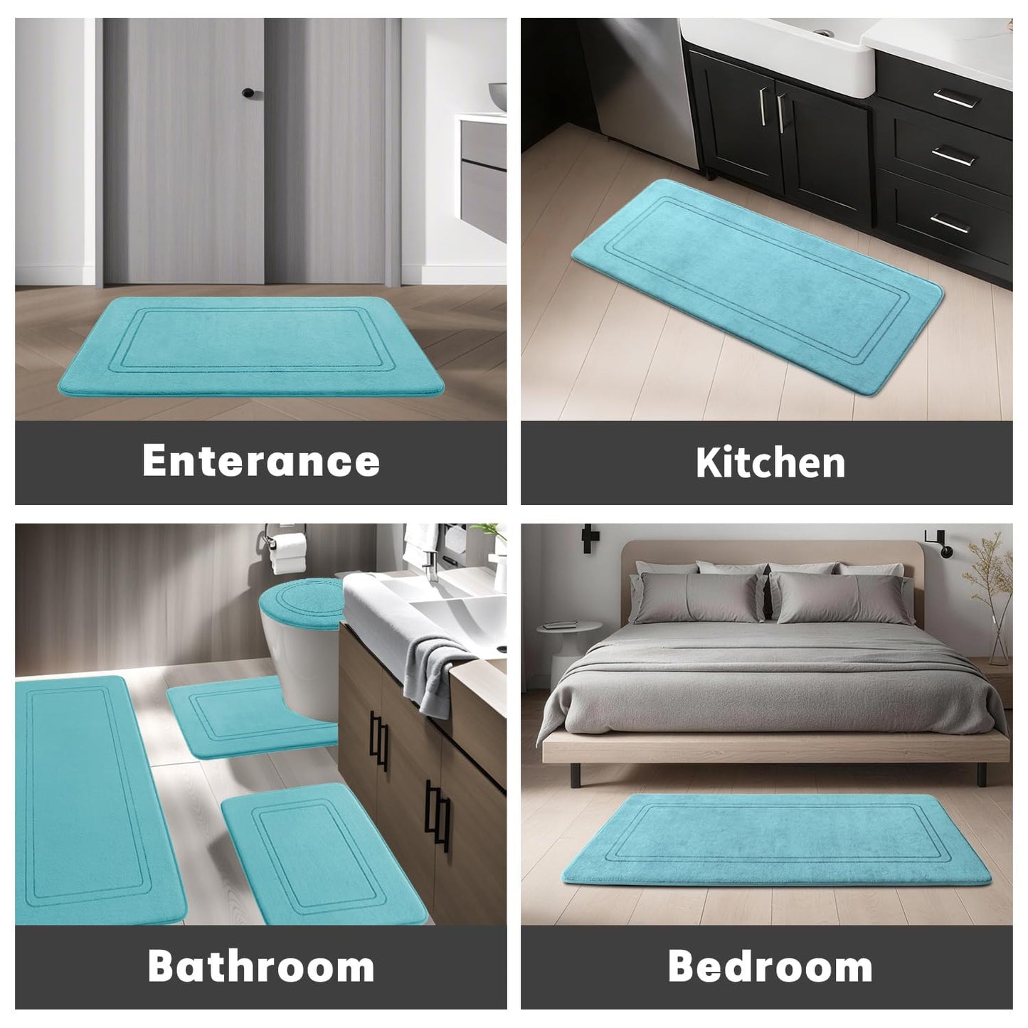 YIHOUSE Memory Foam Bath Mat Set, Bathroom Rugs Sets 3 Pieces, Non Slip Bath Mats for Bathroom, Super Soft and Water Absorbent Bath Rug Sets, Machine Washable U Shape Toilet Mats Set,Teal