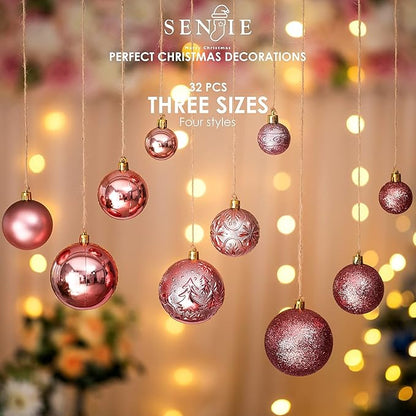 Senjie Rose Gold Shatterproof Christmas Ornaments, 32 Pcs, Plastic, Hanging, Christmas, Wedding