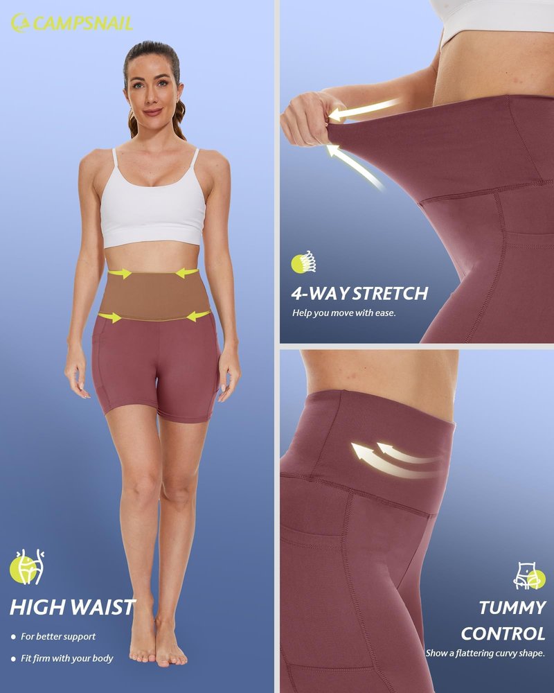 CAMPSNAIL Biker Shorts Women with Pockets - 3"/5"/8" High Waisted Workout Spandex Tummy Control Gym Running Yoga Shorts Dark Pink
