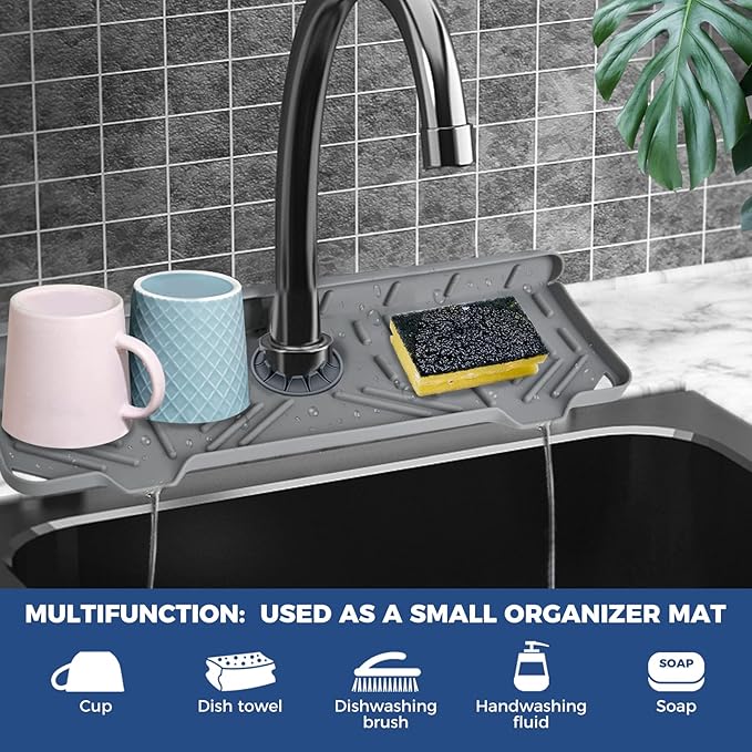 2 Pcs Silicone Faucet Handle Drip Catcher Tray, 2 in 1 Dish Soap Sponge Holder