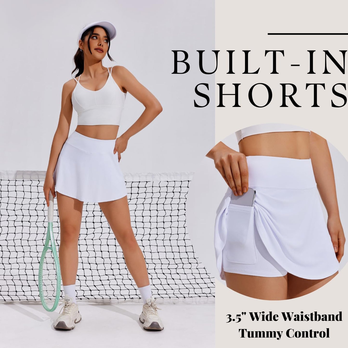 PINSPARK Skort Pleated Tennis Skirts for Women Short Golf Skirts with Pocket Pickleball Outfits Plus Size,White X-Large