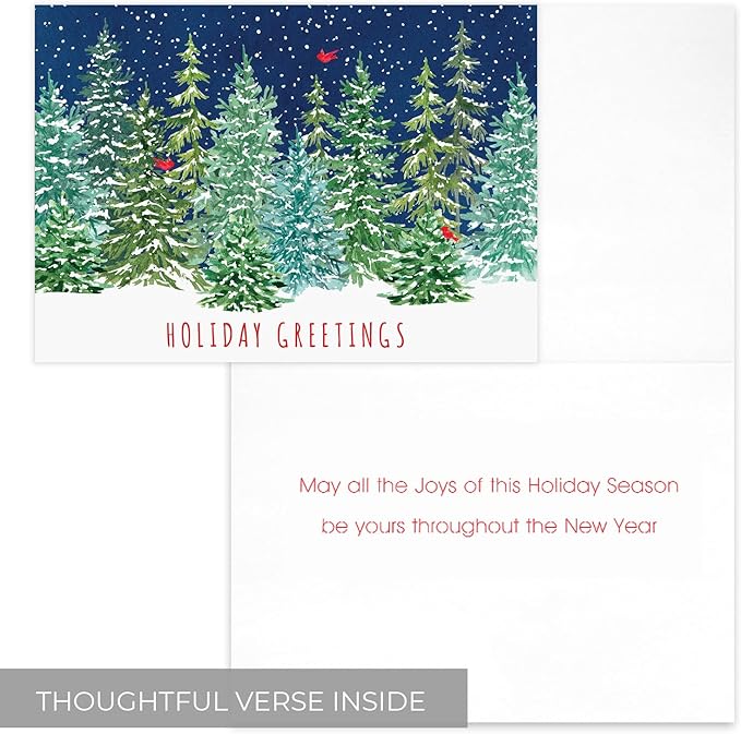 Masterpiece Snowy Evergreen Cardinal Trees Cards / 16 Boxed Holiday Note Card Set With Red Envelopes / 5 5/8" x 7 7/8" Folded Christmas Seasonal Winter New Year Greetings With Inside Verse
