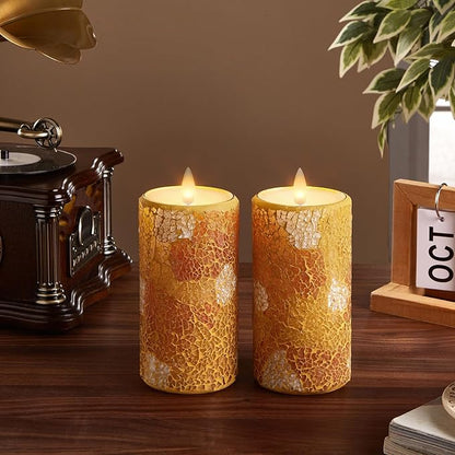 Mosaic Glass Flameless Candles with Remote Timer - 3D Moving Flickering LED, Remote Timer & Battery Operated, Real Wax Interior for Home/Christmas Decor(Yellow Cracked Glass)
