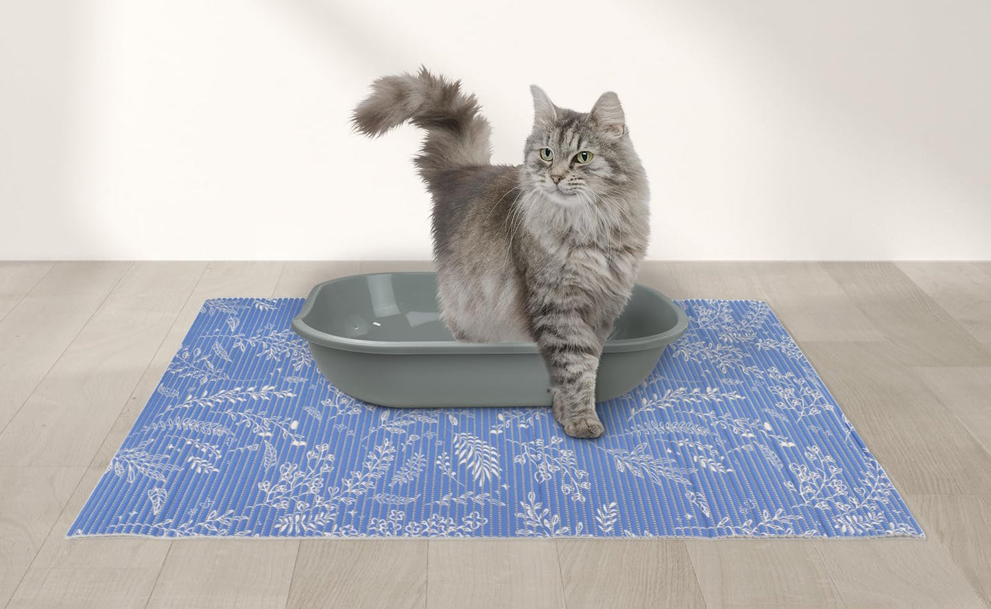 Fresh Kitty Durable XL Jumbo Foam Litter Mat – Phthalate and BPA Free, Water Resistant, Traps Litter from Box, Scatter Control, Easy Clean Mats – Blue Floral 40" x 25"
