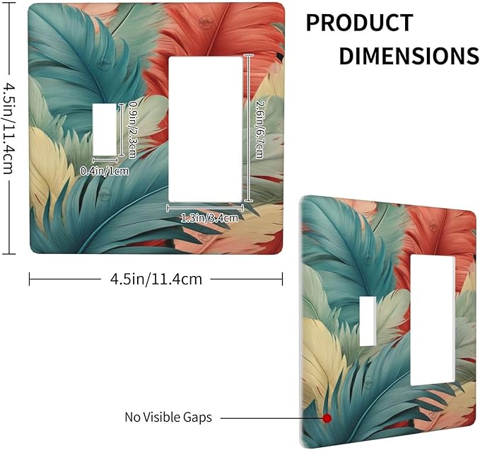 Colorful Feathers, Illustration, Abstract, Botanical, Pattern, Blue Feathers, Red Feathers, Pastel Colors, 2 Gang 1-GFCI 1-Toggle Comb/4.5 x 4.5 IN, PPZCXWP0703