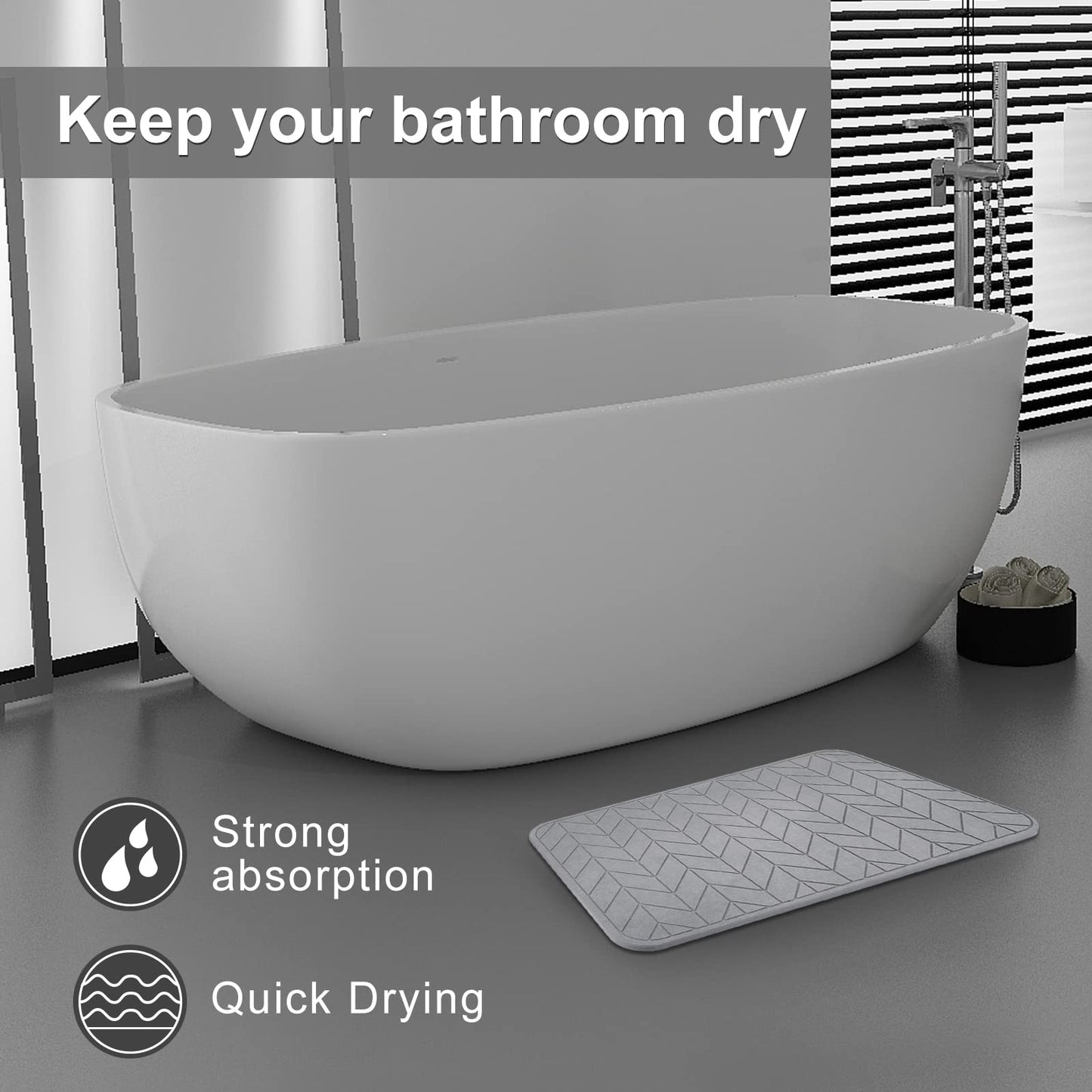 JUERLEN 2 Pack Diatomaceous Earth Shower Mat, Stone Bath Mat, Nonslip Super Absorbent Fast-Drying Hard Bath Mat for Bathroom Shower Floor, 24 x 16 inch, Grey Arrow Design