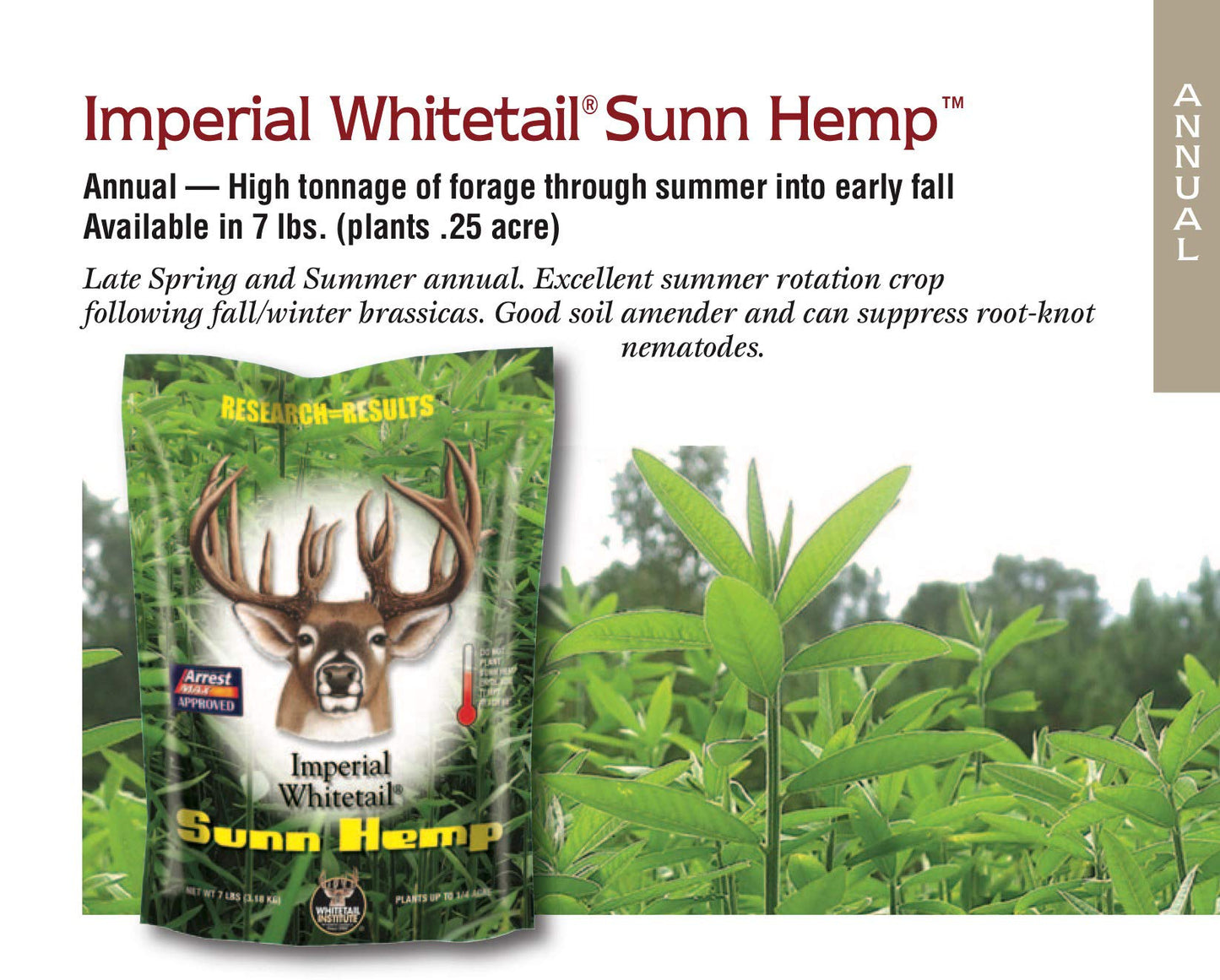 Whitetail Institute Sunn Hemp Deer Food Plot Seed, Fast-Growing and Establishes Rapidly, Great for Erosion Control, Soil Improvement and as a Cover Crop, 7 lbs (.25 Acre)