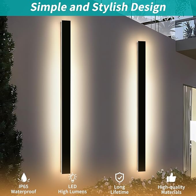 Mikeru 70.8inch Long LED Wall Light, 10%-100% Dimmable Black Exterior Sconces, 3000k-6000k Acrylic Invisible Outdoor Wall Light Fixture for Porch Modern Outdoor Wall Mount Lighting for House