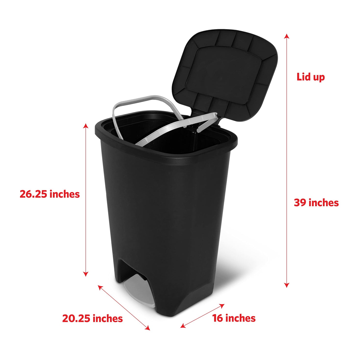 Glad Premium 20 Gallon Trash Can - Plastic Kitchen Waste Bin with Odor Protection of Lid, Stainless Steel Step On Foot Pedal and Garbage Bag Rings, Black