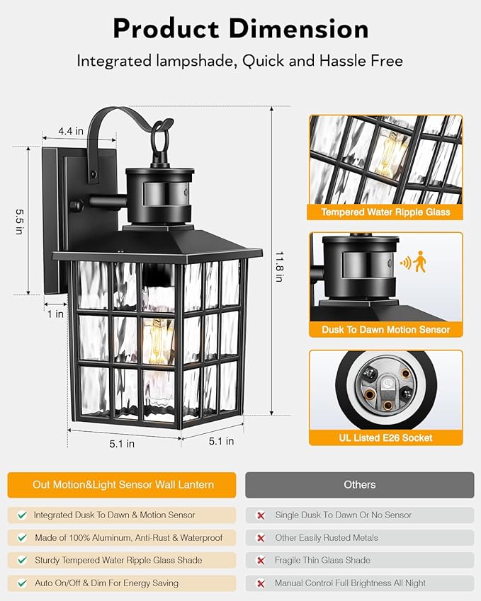 VIANIS Outdoor Wall Lantern With Motion Sensor, Dusk To Dawn Exterior Light Fixtures Wall Mount, LED Outdoor Porch Light, Anti-Rust 100% Aluminum Modern Black Outdoor Sconce Lights for Garage,Entryway