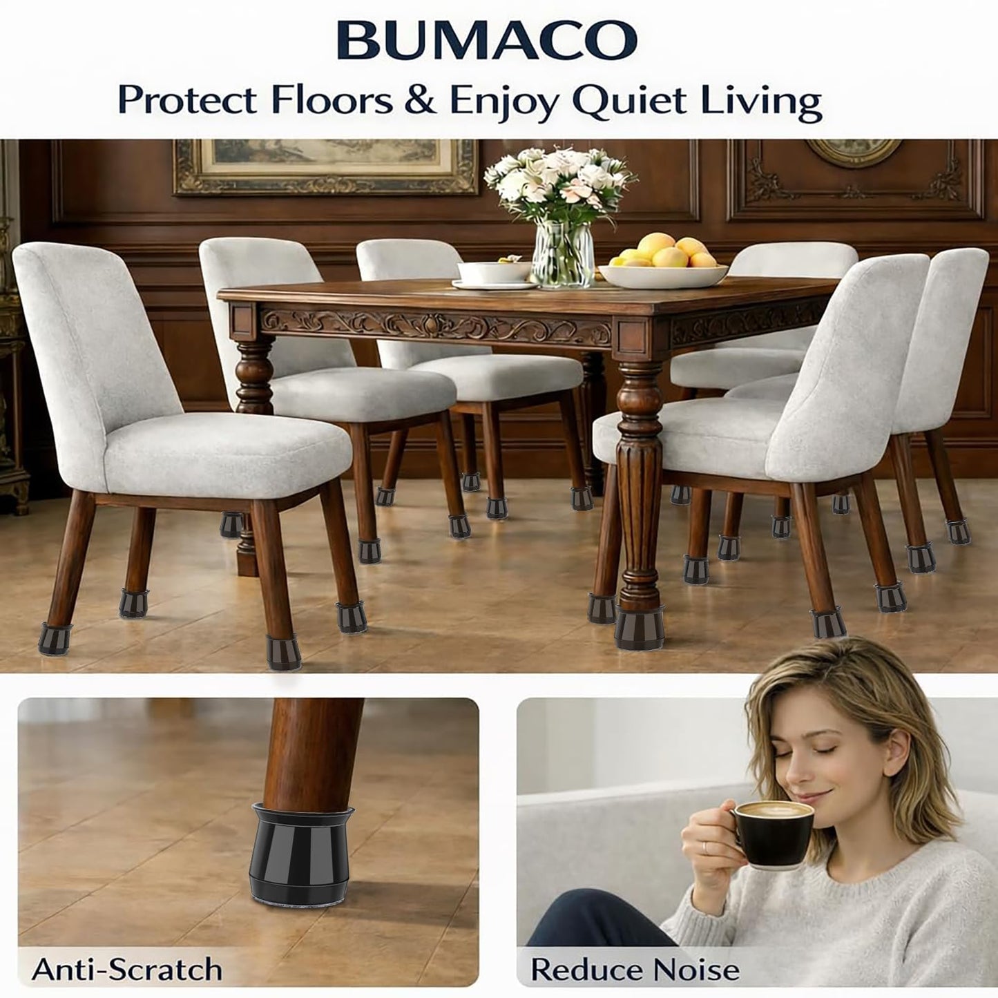 BUMACO Chair Leg Floor Protectors Chair Leg Protectors for Hardwood Floors Silicone Pads Covers to Protect Floors Black-40 Pcs Universal L (1-5/16" to 2")