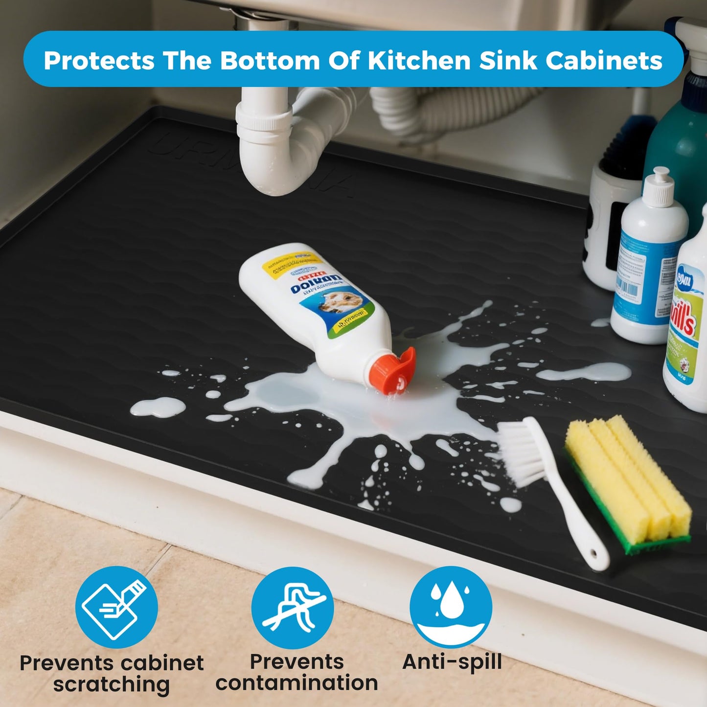 URMONA 19'' x 19'' Waterproof Silicone Under Sink Mat Cabinet and Counter Protector, Shelf Liner for Kitchen and Bathroom, Storage and Organizers, Litter Mat, Pet Cat Puppy Essentials（Black）