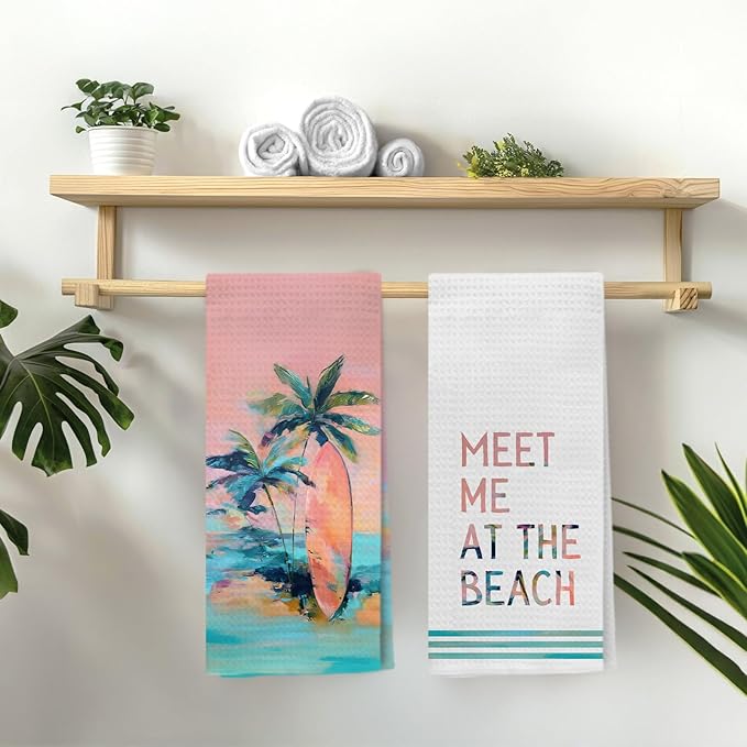 Boho Coastal Beach Kitchen Towels, Meet Me at The Beach Decorative Hand Towels