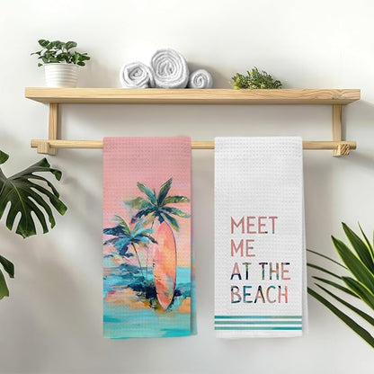 Boho Coastal Beach Kitchen Towels, Meet Me at The Beach Decorative Hand Towels