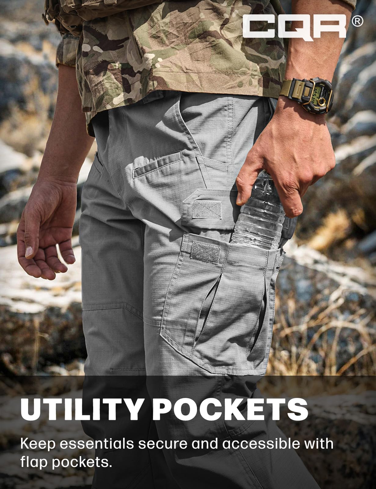 CQR Men's Tactical Pants, Water Resistant Ripstop Cargo Pants, Lightweight EDC Work Hiking Pants, Outdoor Apparel, Raider Stone, 36W x 34L