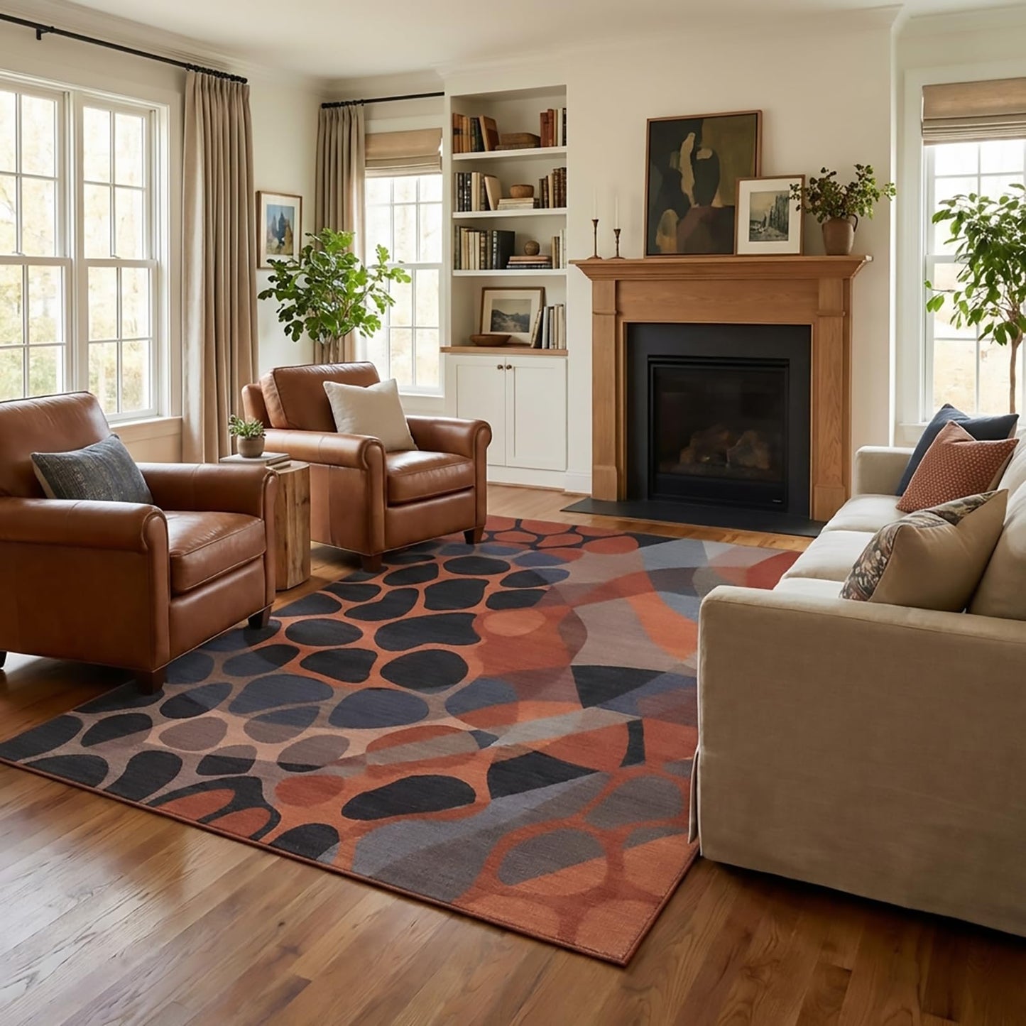GraceSway 5x7 Area Rug, Modern Abstract Rock Pebble Patterns, Rust Orange Grey and Charcoal Rug, Machine Washable, Non-Slip, Foldable Carpet for Living Room Bedroom