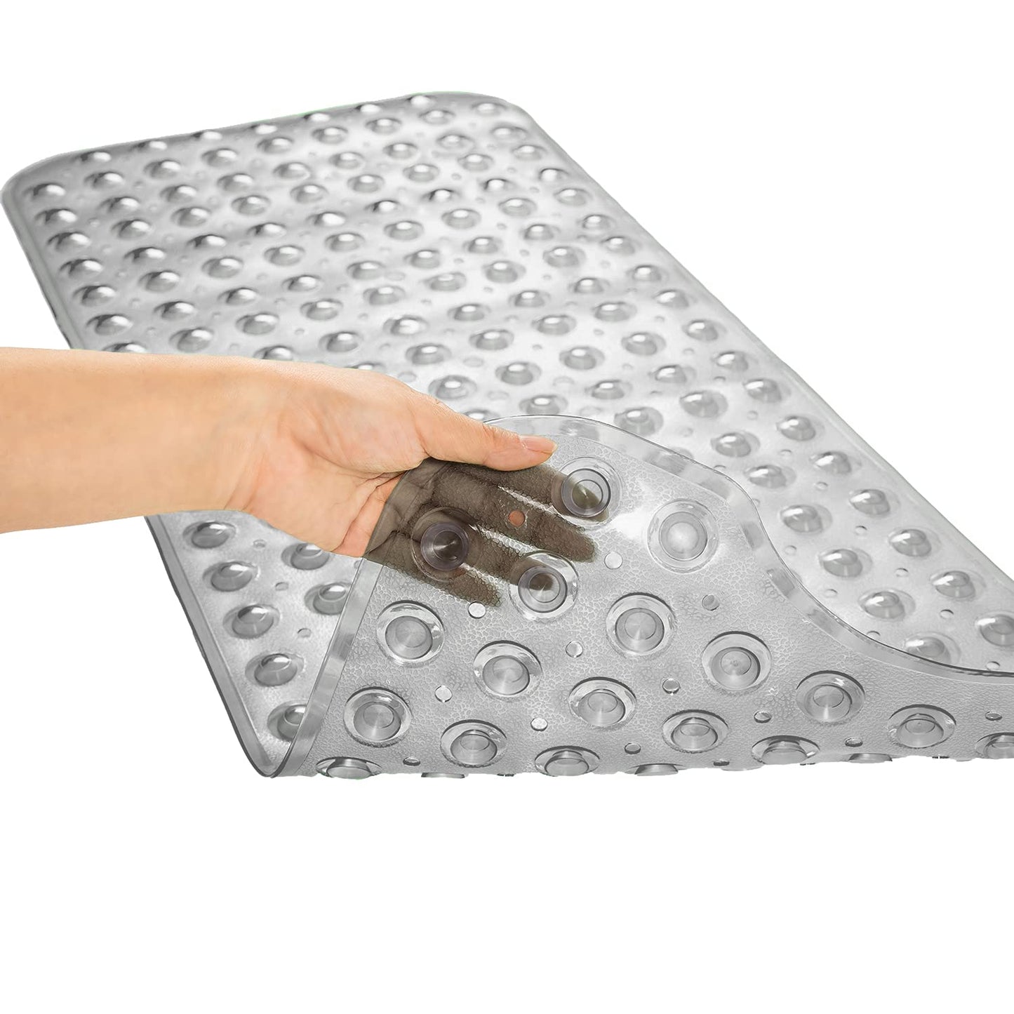 TEESHLY Bathtub Mats for Shower Tub, Extra Long Non-Slip 39 x 16 Inch Bath Mat with Drain Holes and Suction Cups, BathMat for Bathroom with Machine Washable (Clear Grey)