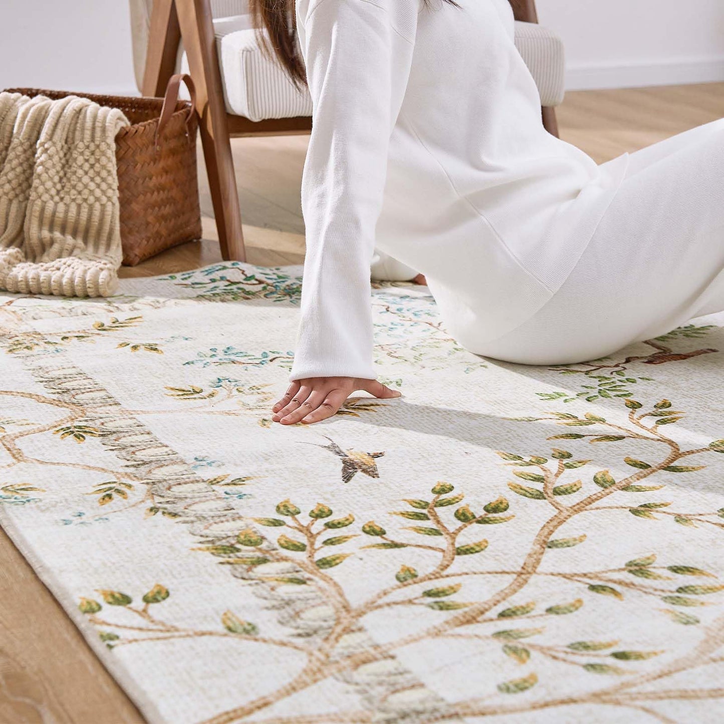 jinchan Yarden Round Rug 6ft, Vintage Distressed Botanical Birds Print Rug, Machine Washable Ultra Thin Low Pile Non Slip Area Rug, Ivory Circle Rug for Living Room Bedroom