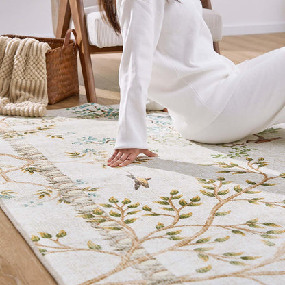 jinchan Yarden Round Rug 6ft, Vintage Distressed Botanical Birds Print Rug, Machine Washable Ultra Thin Low Pile Non Slip Area Rug, Ivory Circle Rug for Living Room Bedroom