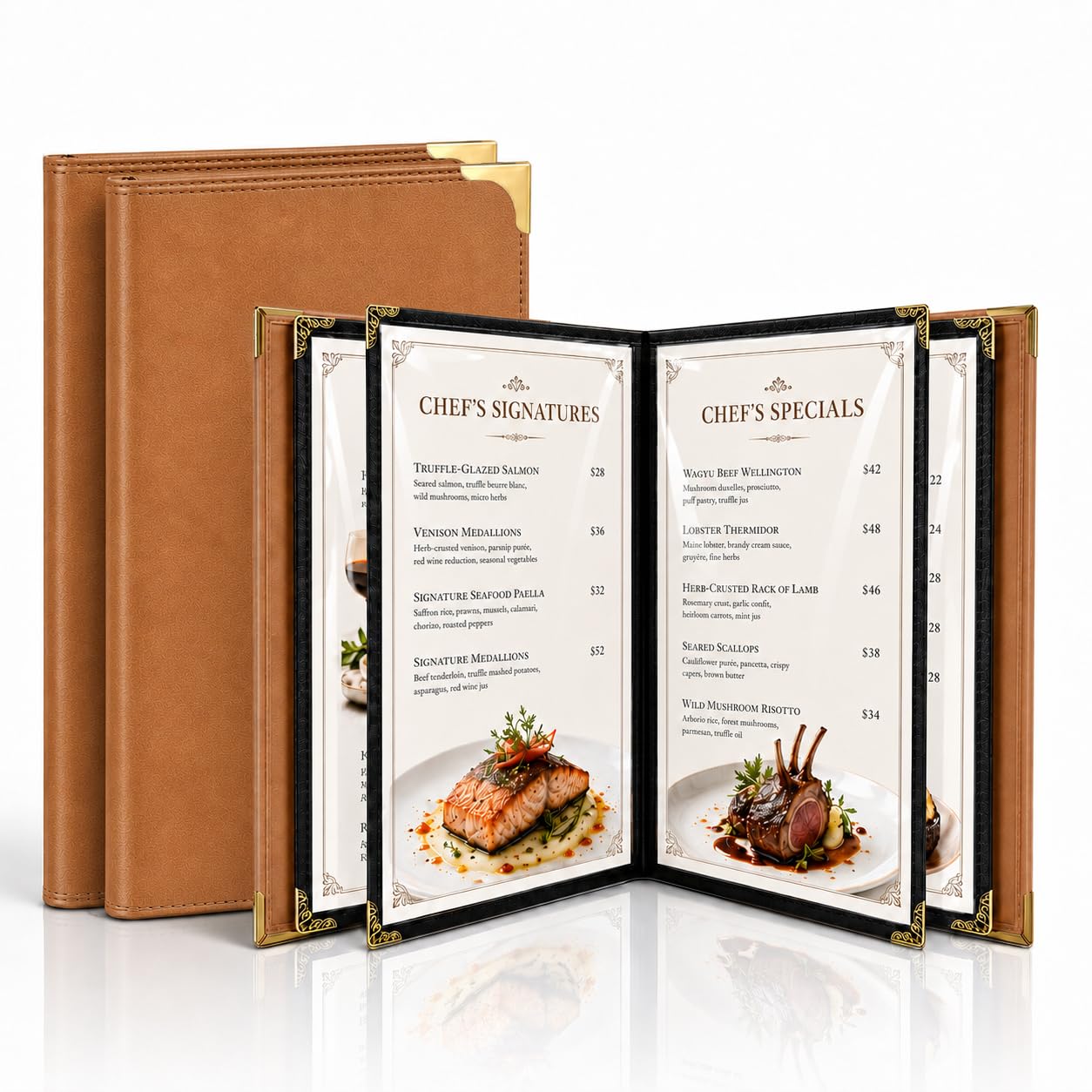 Restaurant Menu Covers 8.5 x 11 – 2 Pack Menu Holder, 4 Page 8 View Faux Leather Menu Book with Clear PVC Sleeves | Waterproof & Durable for Restaurant, Bar, Café, Hotel
