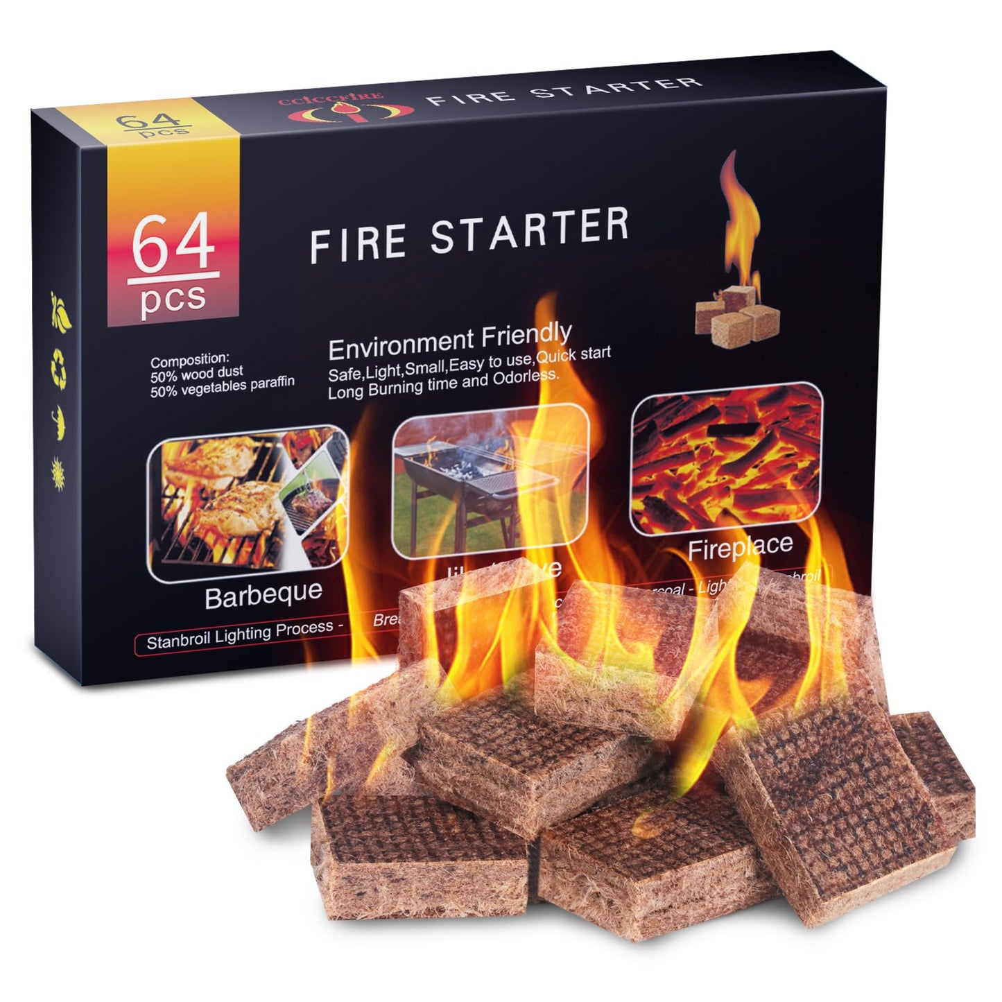 HGD Fire Starter, 64 Mini Square, Natural Fire Starters for BBQ, Campfire, Fireplace, Charcoal, Wood Stove, Chimney, Fire Pit, Grill, Smoker, Indoor Outdoor Use