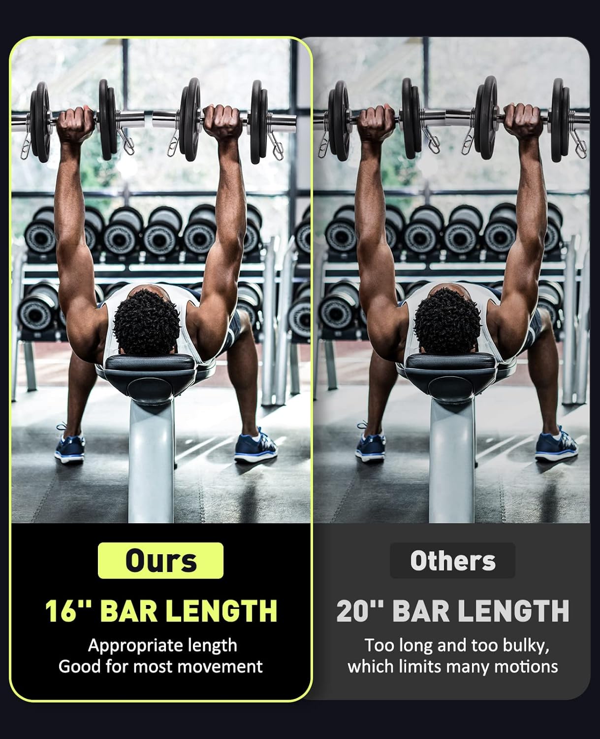 Pair of 16" Olympic Dumbbell Handles, Loadable Dumbbell Bars for 2-inch Olympic Weight Plates Great for Home Gym Strength Training, Weight Bars with 2 Pair of Spring Collars