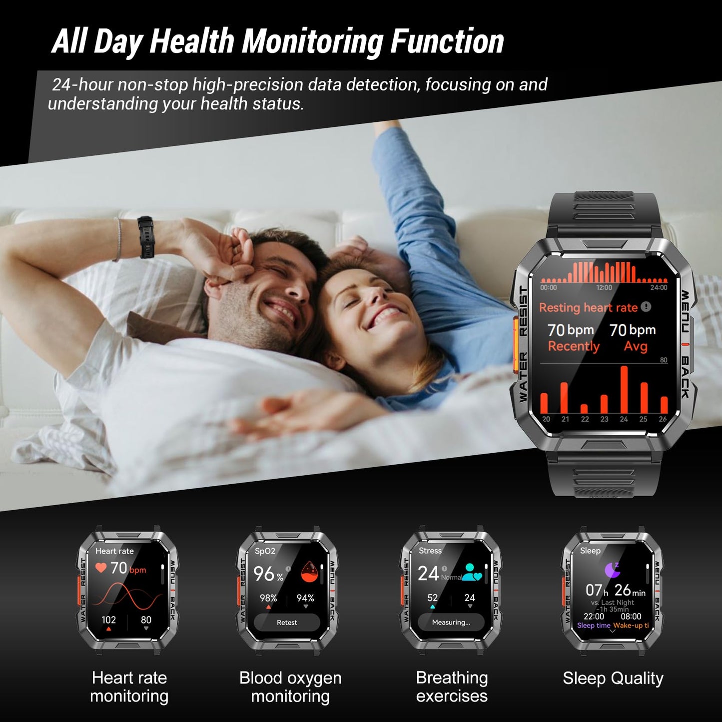 Military Smart Watch for Men (Answer/Make Calls), 2.01'' Smart Watch for Android and iPhone, Fitness Tracker with Flashlight/Compass/100 Days Battery/Heart Rate/Sleep/100+ Sport Modes(2 Straps)
