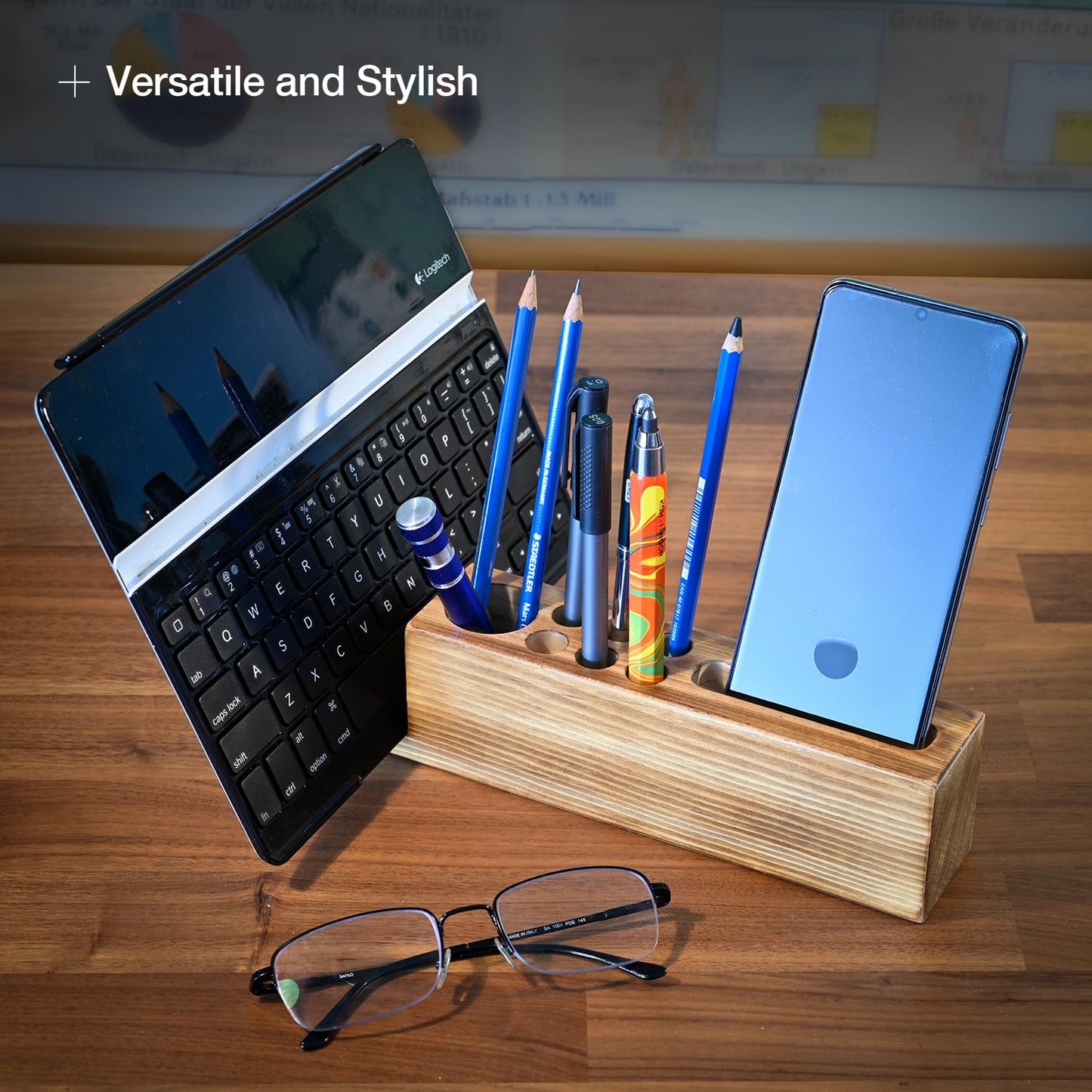 Hoffengwell Wooden Desk Organizer with Phone Holder – Stylish & Functional Book, Pen and Cell Phone Charging Stand - Solid Wood Desk Top Organizer